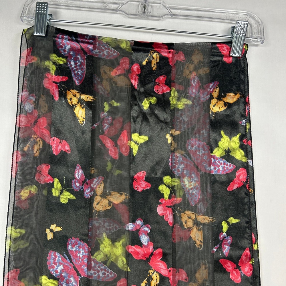 Black Butterfly Print Sheer & Satin Panel Long Fashion Scarf – Y2K Stole
